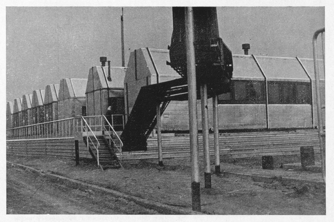 Transportable small-sized buildings (block-boxes) installed above the communications basement floor at an oil refinery. Project by SibNIPIgazstroy. Excerpt from the journal Arkhitektura SSSR, 1980(80), p. 60. From the collection of RFE/RL, Inc., in the cu