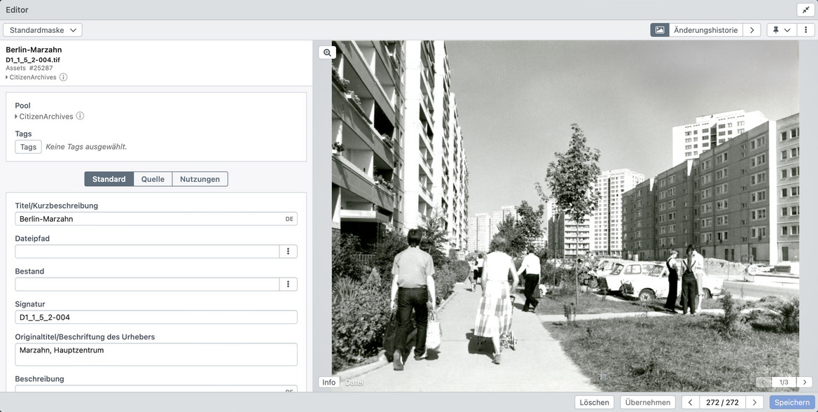 Screenshot der Eingabemaske der Bildverwaltungssoftware easydb, mit der wir im Rahmen des Projektes gearbeitet wird.