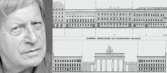 Bruno Flierl mit Skizze mit Höhenlinien der historischen Bebauung am Pariser Platz in Berlin